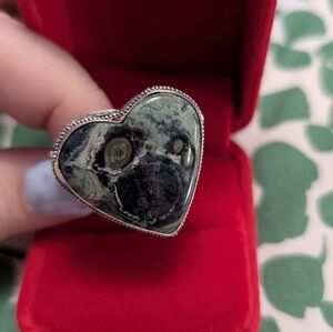 Rare Vintage Handmade Kambaba Jasper Heart-Shaped Stone Set In 935 Silver SZ 8